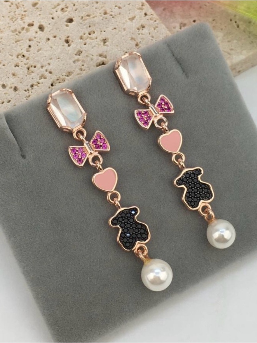 Elegant long Gold rose Bow Earrings 925